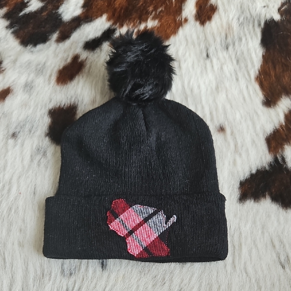 Black and Red Kids Pom-Pom Beanie With Wisconsin Patch